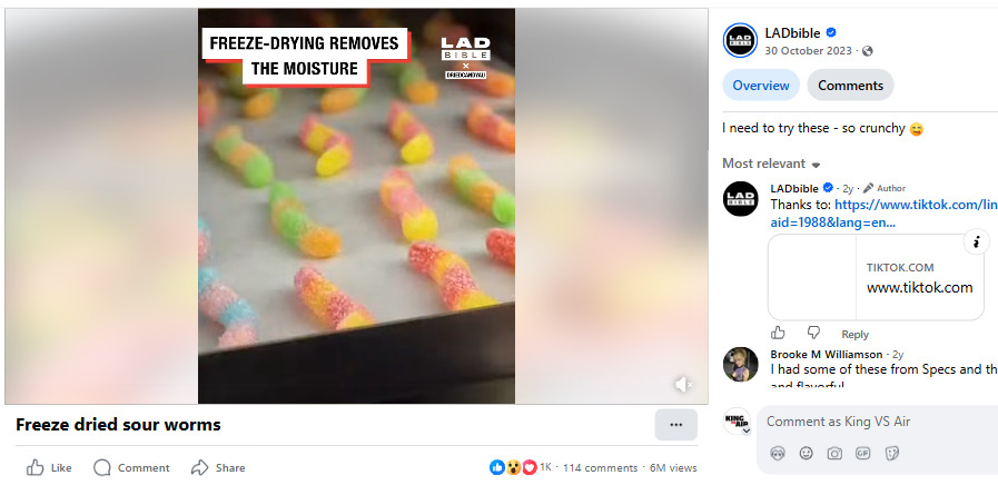 LADbible Facebook post of DriedCandyAU freeze-dried sour worms with 6M views